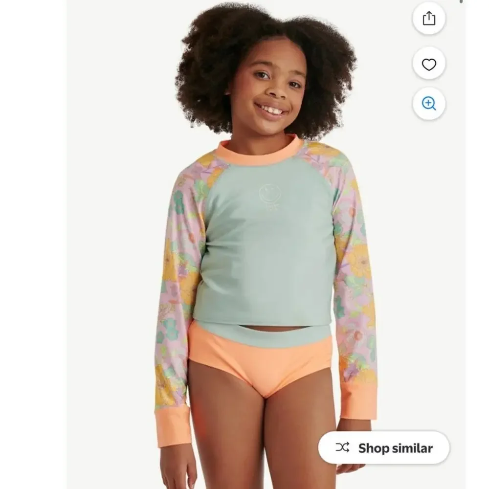 Justice Girls‎ 2 Pc Long Sleeve Rashguard Swimsuit Pink/Blue Floral Size XL NEW